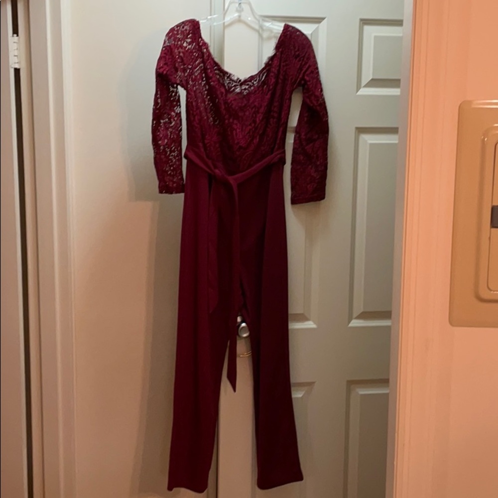 NWOT Off shoulder lace dark red jumpsuit XL/12